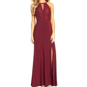Nightway Women's Burgundy Red Halter Lace Bodycon Maxi Dress Size 6P NWT